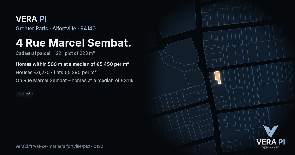 4 Rue Marcel Sembat, Alfortville at night – the plot lit, the parcels around coloured by the prices near them