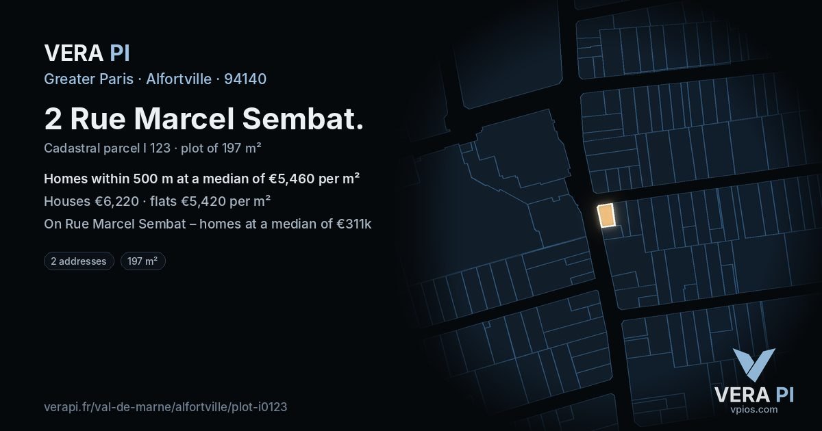 2 Rue Marcel Sembat, Alfortville at night – the plot lit, the parcels around coloured by the prices near them