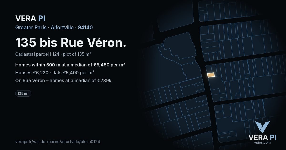 135 bis Rue Véron, Alfortville at night – the plot lit, the parcels around coloured by the prices near them