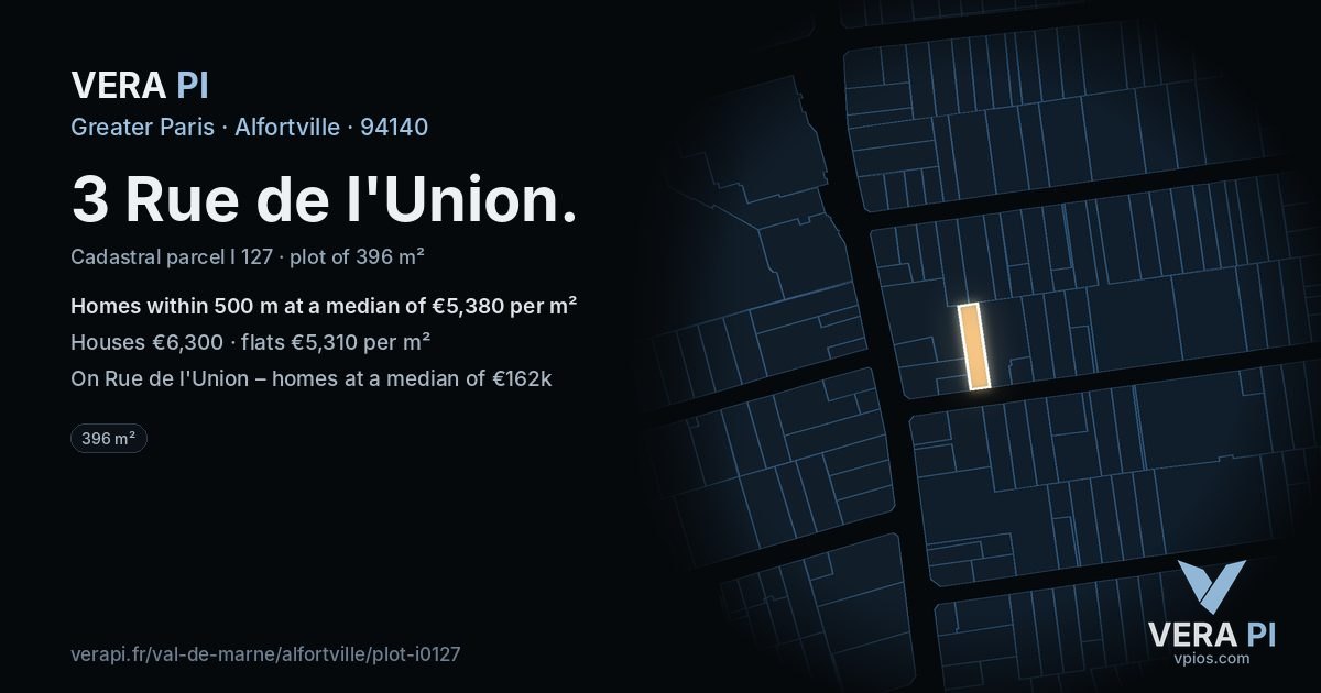 3 Rue de l'Union, Alfortville at night – the plot lit, the parcels around coloured by the prices near them