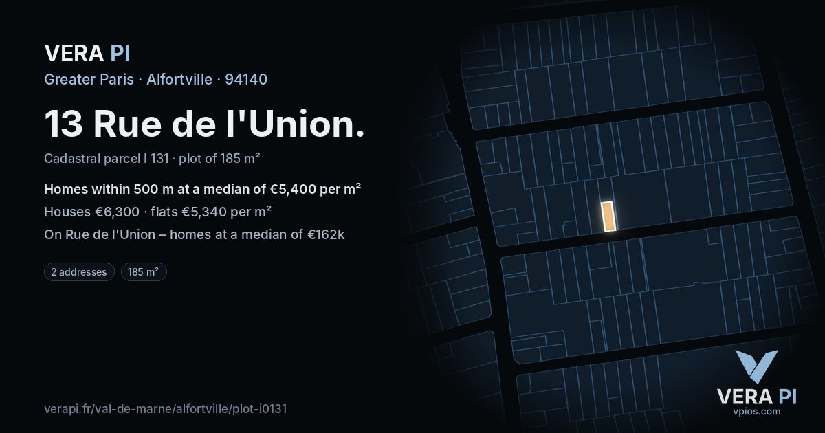 13 Rue de l'Union, Alfortville at night – the plot lit, the parcels around coloured by the prices near them