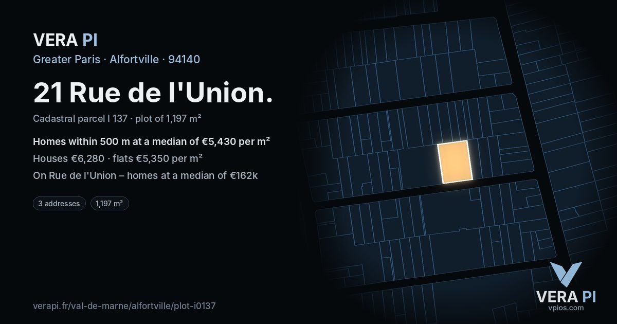 21 Rue de l'Union, Alfortville at night – the plot lit, the parcels around coloured by the prices near them