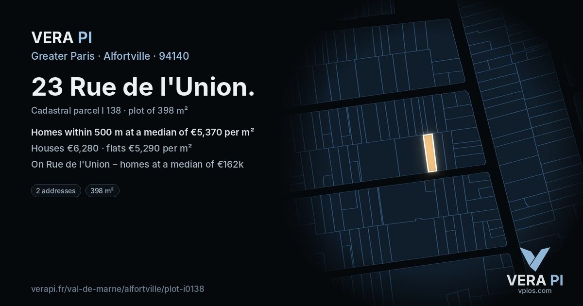 23 Rue de l'Union, Alfortville at night – the plot lit, the parcels around coloured by the prices near them
