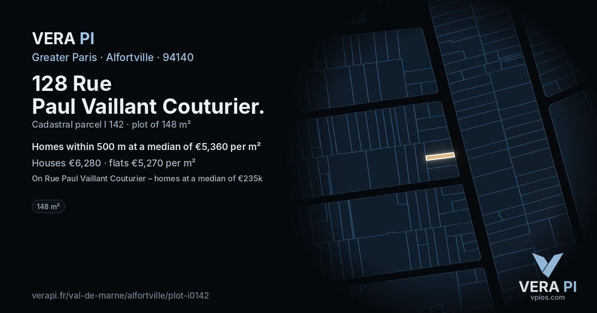 128 Rue Paul Vaillant Couturier, Alfortville at night – the plot lit, the parcels around coloured by the prices near them