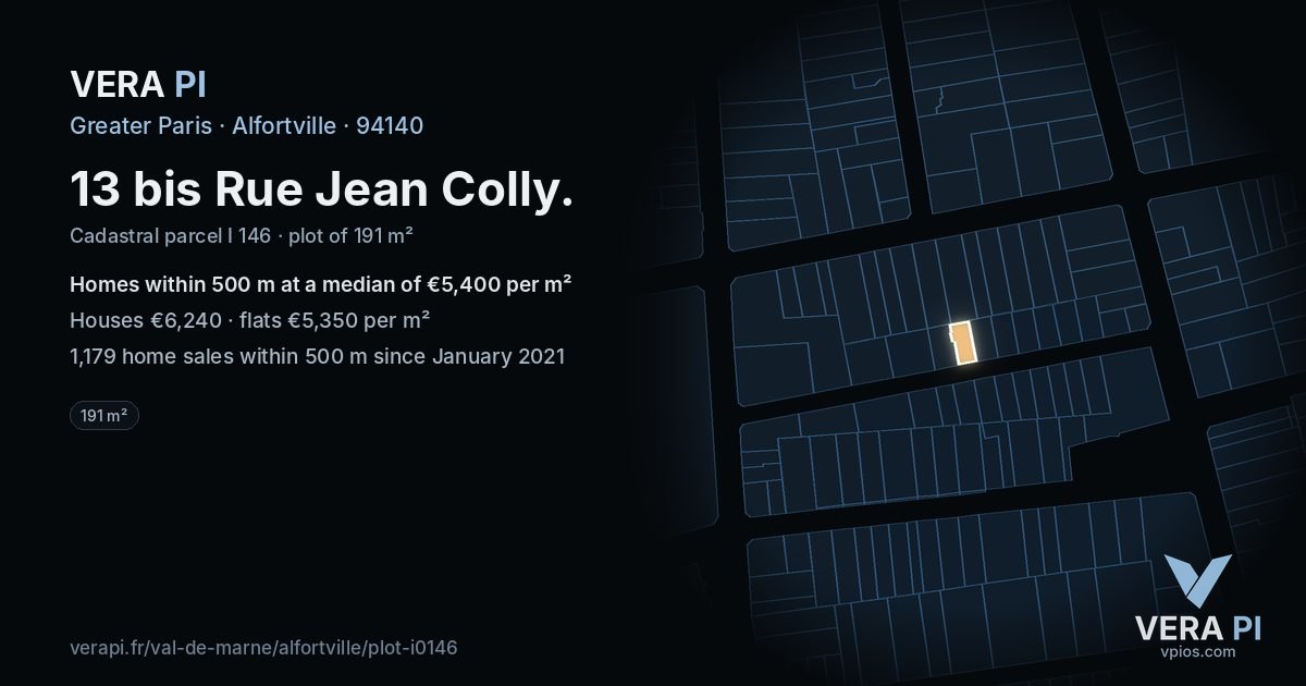 13 bis Rue Jean Colly, Alfortville at night – the plot lit, the parcels around coloured by the prices near them