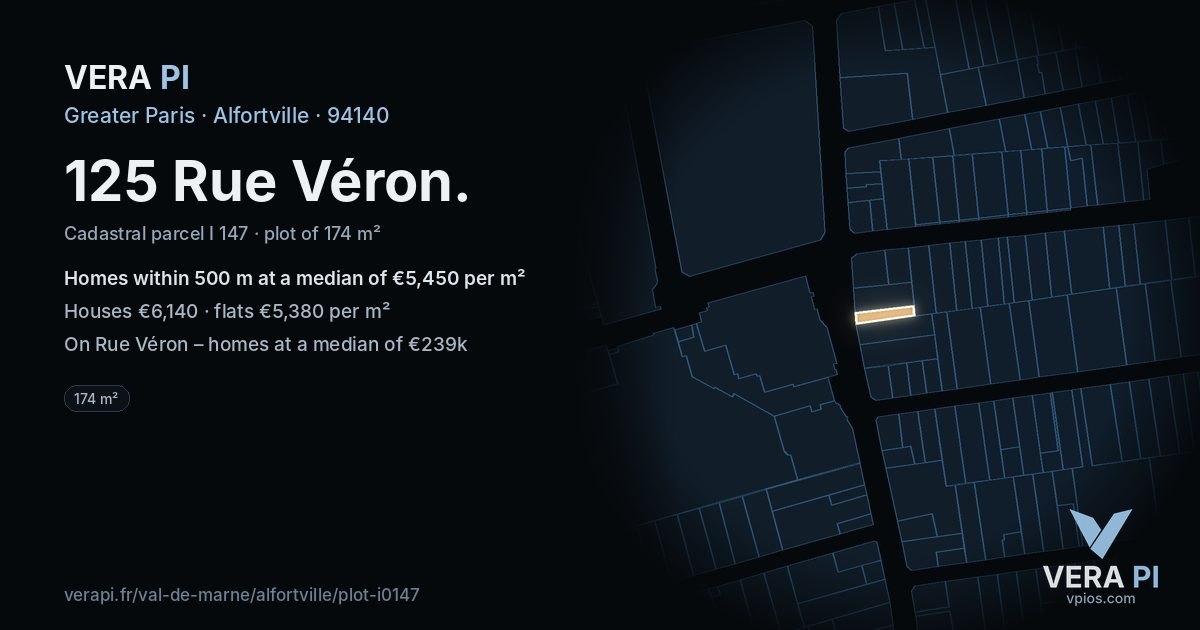 125 Rue Véron, Alfortville at night – the plot lit, the parcels around coloured by the prices near them