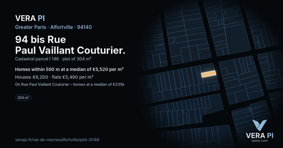 94 bis Rue Paul Vaillant Couturier, Alfortville at night – the plot lit, the parcels around coloured by the prices near them