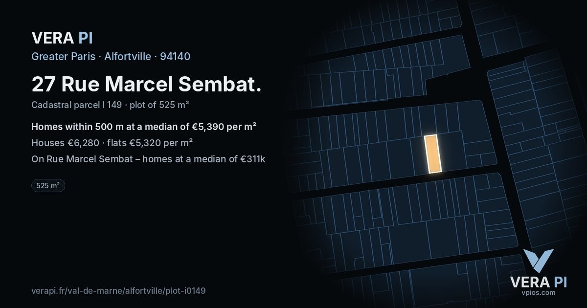 27 Rue Marcel Sembat, Alfortville at night – the plot lit, the parcels around coloured by the prices near them