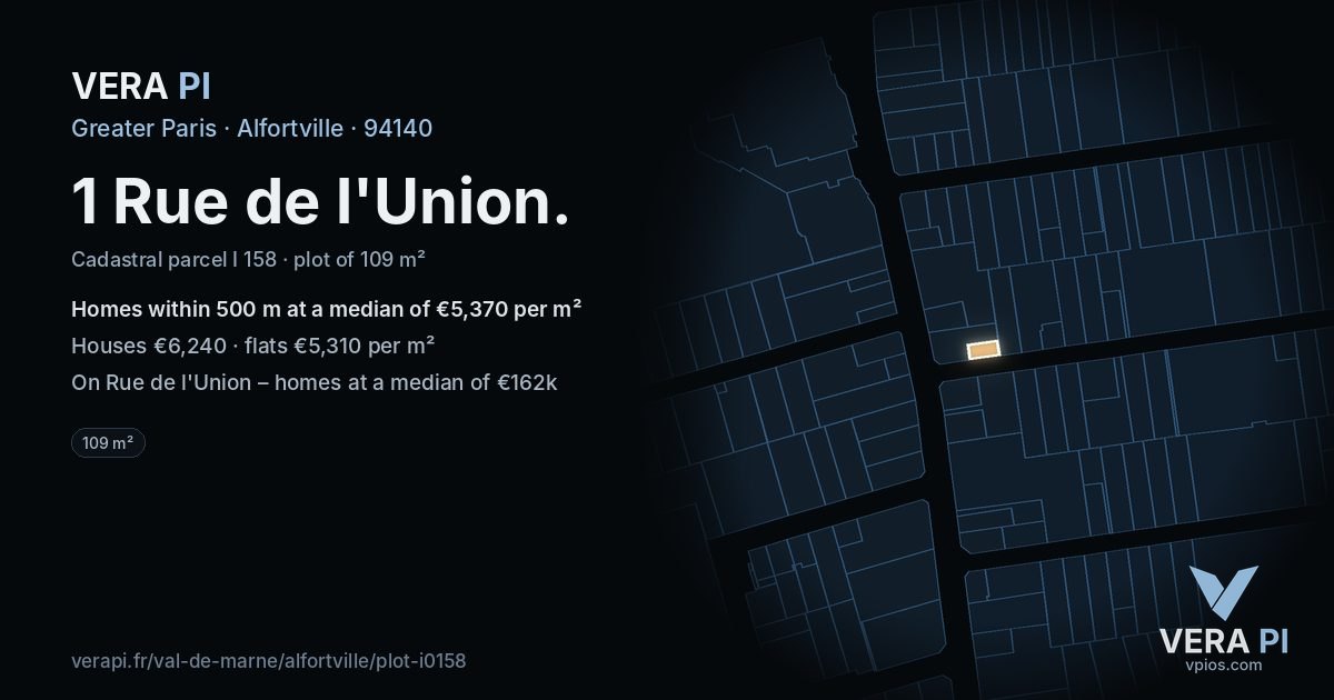 1 Rue de l'Union, Alfortville at night – the plot lit, the parcels around coloured by the prices near them