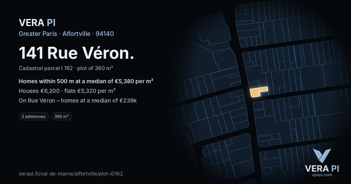141 Rue Véron, Alfortville at night – the plot lit, the parcels around coloured by the prices near them