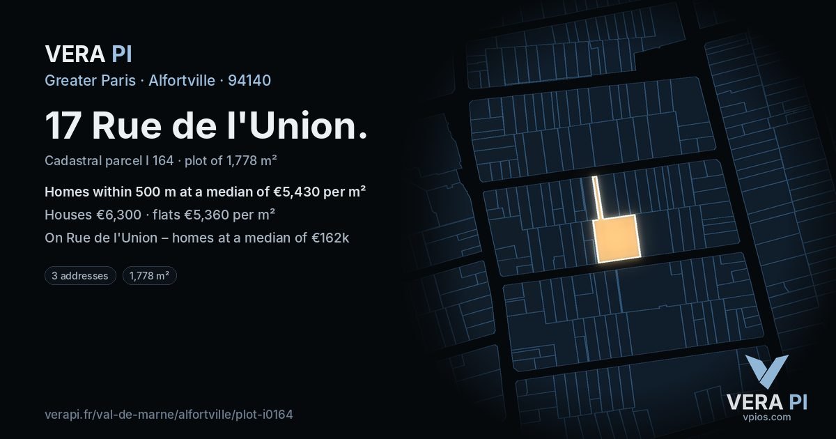 17 Rue de l'Union, Alfortville at night – the plot lit, the parcels around coloured by the prices near them