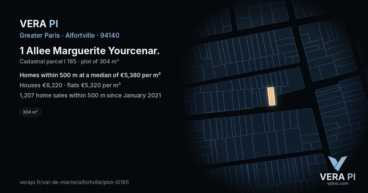 1 Allee Marguerite Yourcenar, Alfortville at night – the plot lit, the parcels around coloured by the prices near them