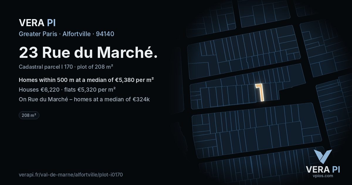 23 Rue du Marché, Alfortville at night – the plot lit, the parcels around coloured by the prices near them