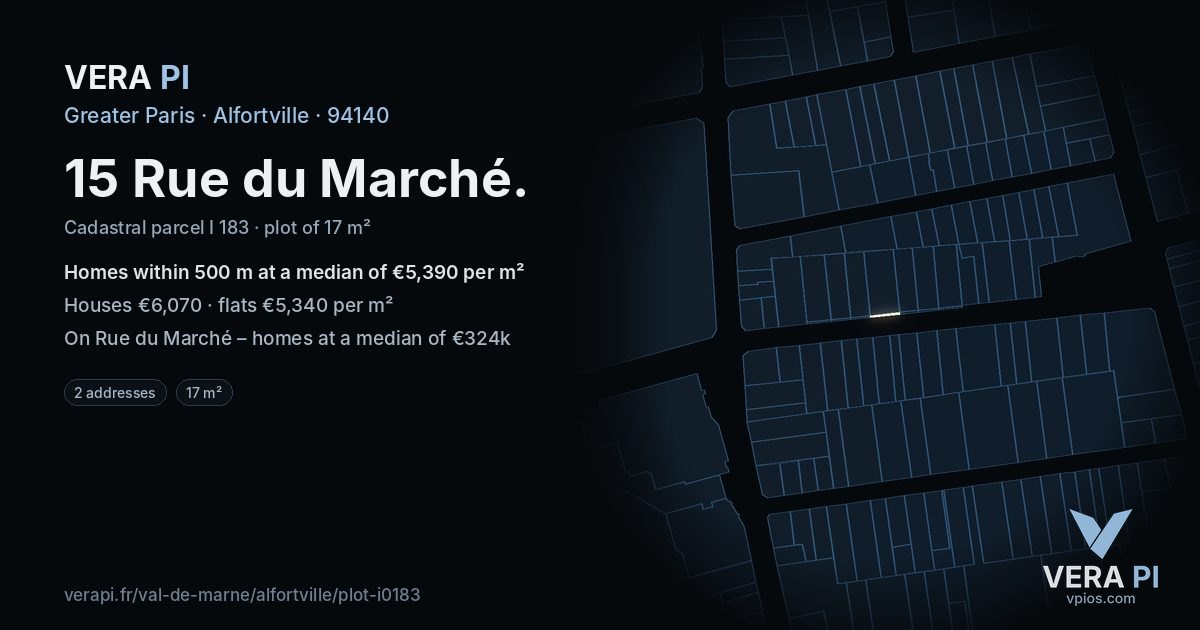 15 Rue du Marché, Alfortville at night – the plot lit, the parcels around coloured by the prices near them