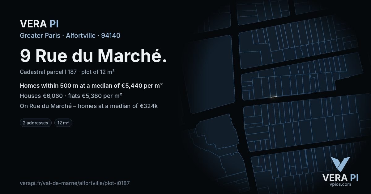 9 Rue du Marché, Alfortville at night – the plot lit, the parcels around coloured by the prices near them