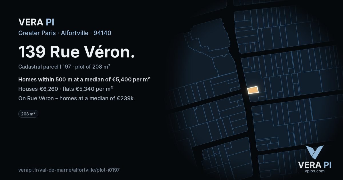 139 Rue Véron, Alfortville at night – the plot lit, the parcels around coloured by the prices near them