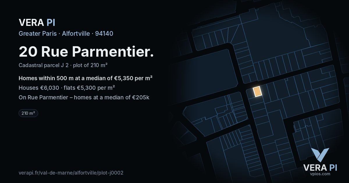 20 Rue Parmentier, Alfortville at night – the plot lit, the parcels around coloured by the prices near them