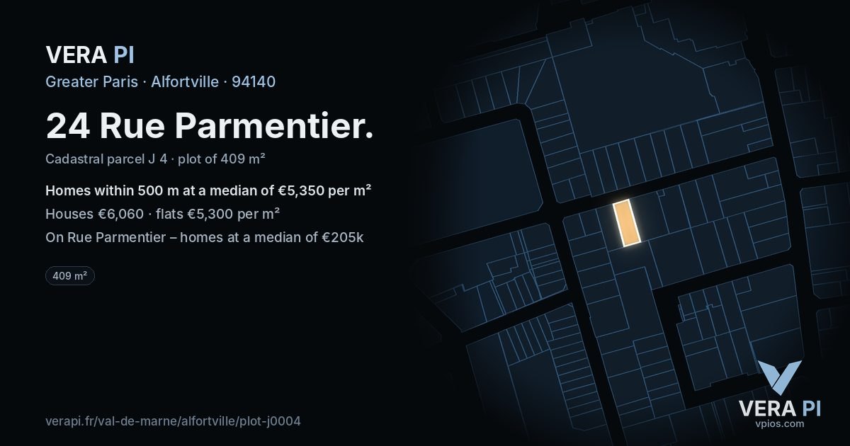 24 Rue Parmentier, Alfortville at night – the plot lit, the parcels around coloured by the prices near them