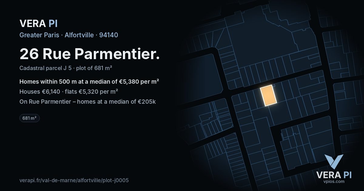 26 Rue Parmentier, Alfortville at night – the plot lit, the parcels around coloured by the prices near them