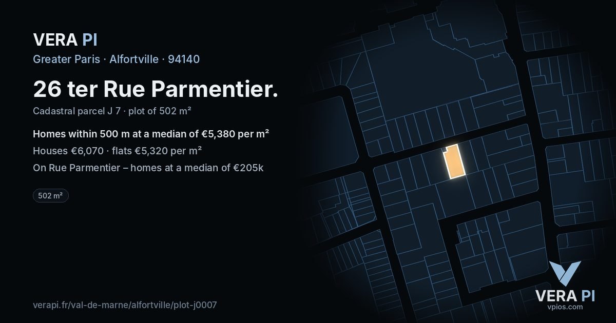 26 ter Rue Parmentier, Alfortville at night – the plot lit, the parcels around coloured by the prices near them
