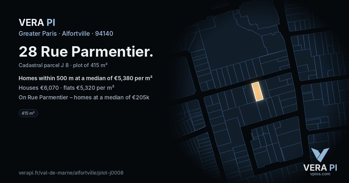 28 Rue Parmentier, Alfortville at night – the plot lit, the parcels around coloured by the prices near them
