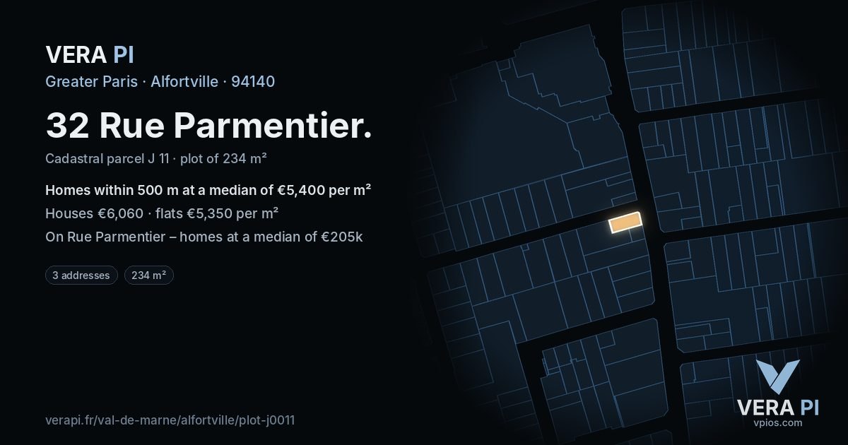 32 Rue Parmentier, Alfortville at night – the plot lit, the parcels around coloured by the prices near them