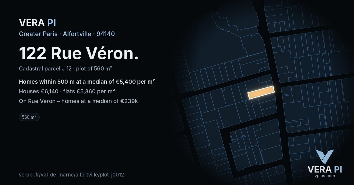 122 Rue Véron, Alfortville at night – the plot lit, the parcels around coloured by the prices near them