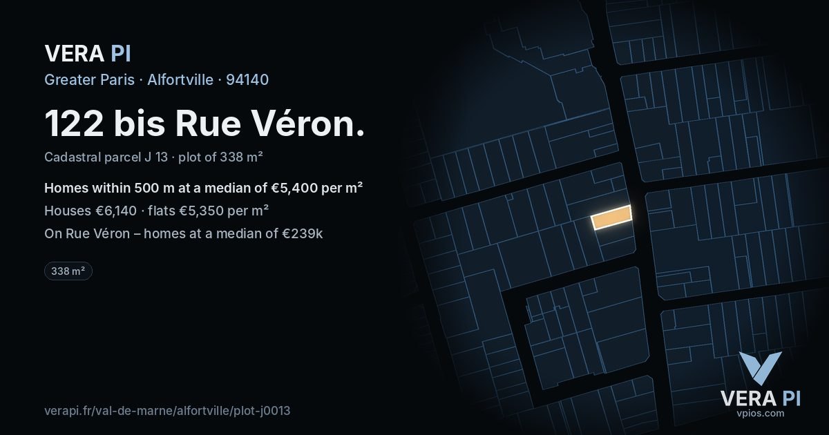 122 bis Rue Véron, Alfortville at night – the plot lit, the parcels around coloured by the prices near them