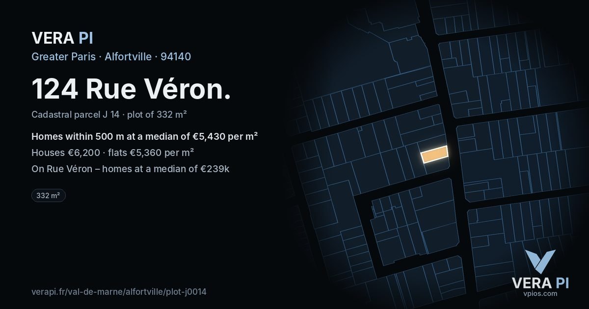 124 Rue Véron, Alfortville at night – the plot lit, the parcels around coloured by the prices near them
