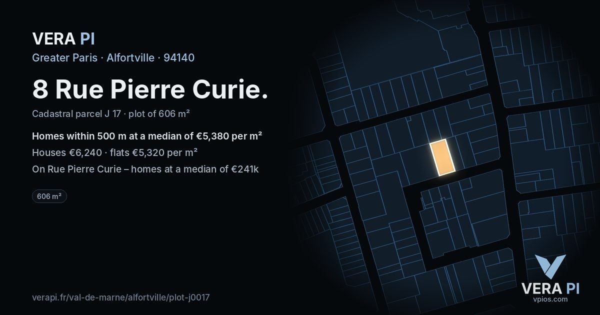 8 Rue Pierre Curie, Alfortville at night – the plot lit, the parcels around coloured by the prices near them