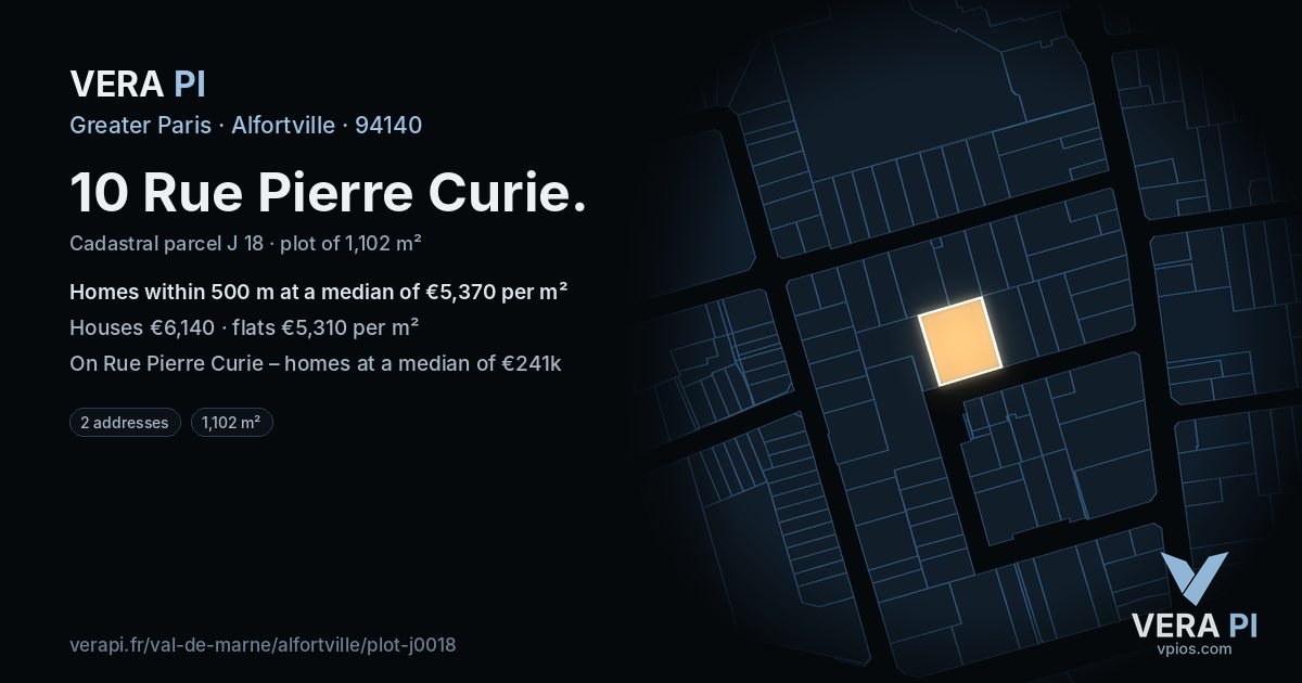 10 Rue Pierre Curie, Alfortville at night – the plot lit, the parcels around coloured by the prices near them