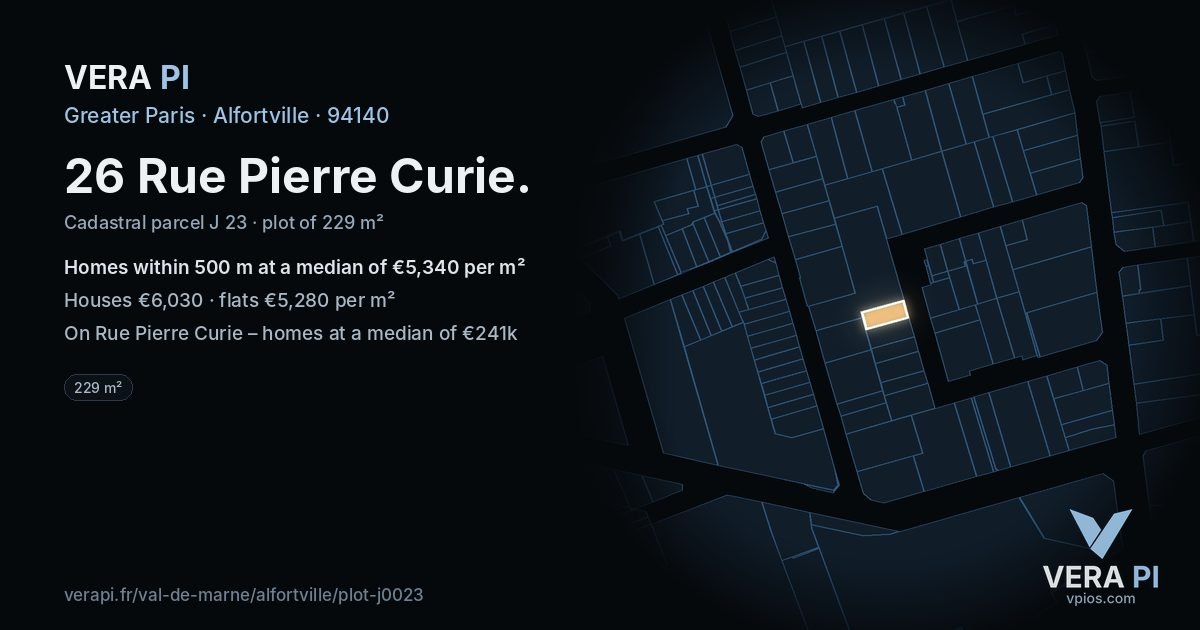 26 Rue Pierre Curie, Alfortville at night – the plot lit, the parcels around coloured by the prices near them