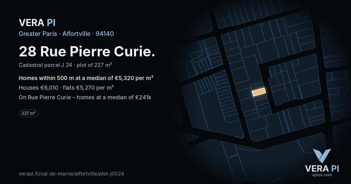 28 Rue Pierre Curie, Alfortville at night – the plot lit, the parcels around coloured by the prices near them
