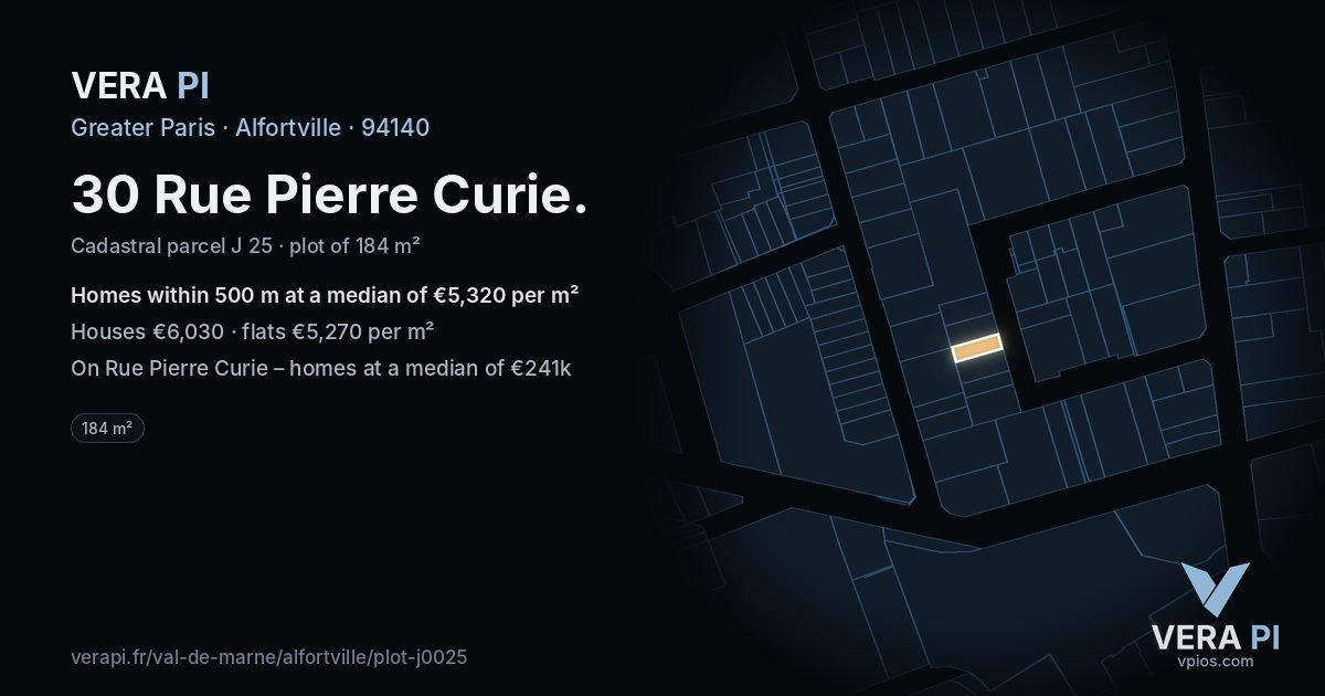 30 Rue Pierre Curie, Alfortville at night – the plot lit, the parcels around coloured by the prices near them