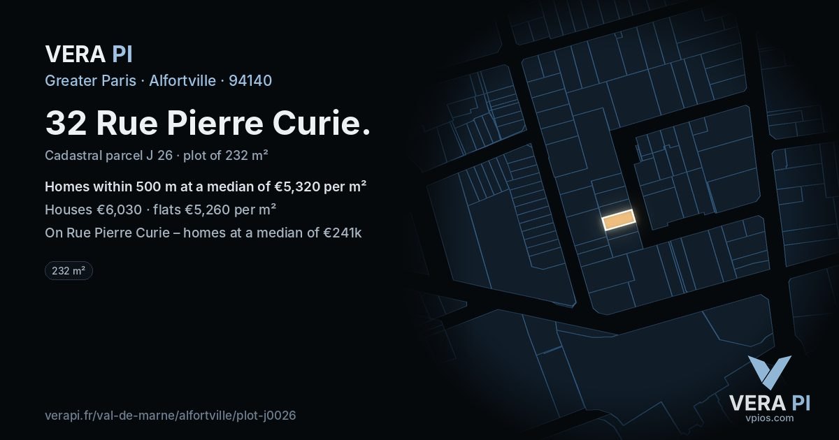 32 Rue Pierre Curie, Alfortville at night – the plot lit, the parcels around coloured by the prices near them