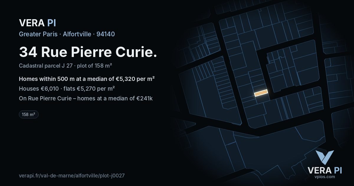 34 Rue Pierre Curie, Alfortville at night – the plot lit, the parcels around coloured by the prices near them