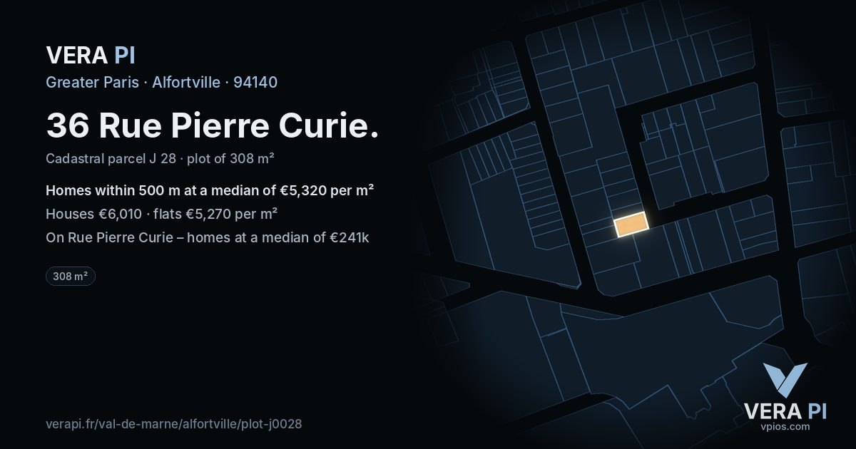 36 Rue Pierre Curie, Alfortville at night – the plot lit, the parcels around coloured by the prices near them