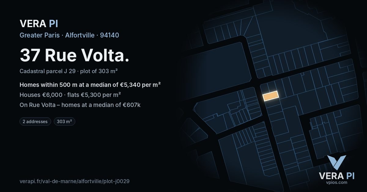 37 Rue Volta, Alfortville at night – the plot lit, the parcels around coloured by the prices near them