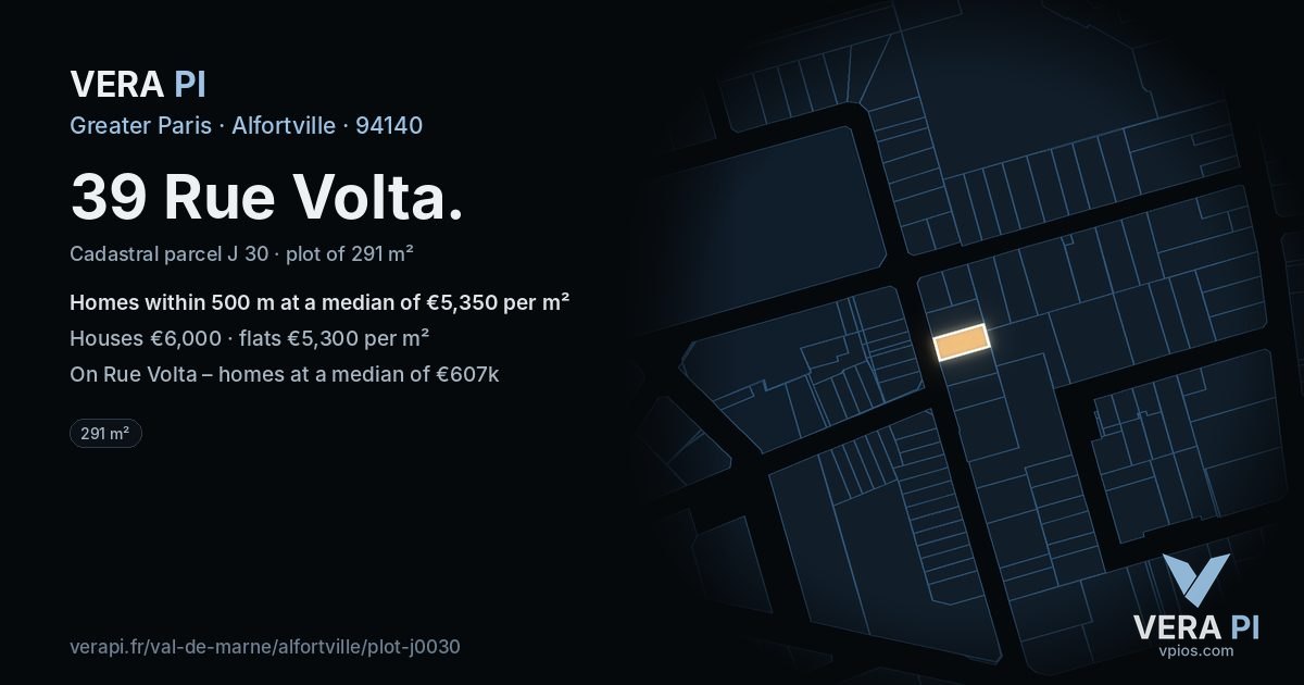 39 Rue Volta, Alfortville at night – the plot lit, the parcels around coloured by the prices near them