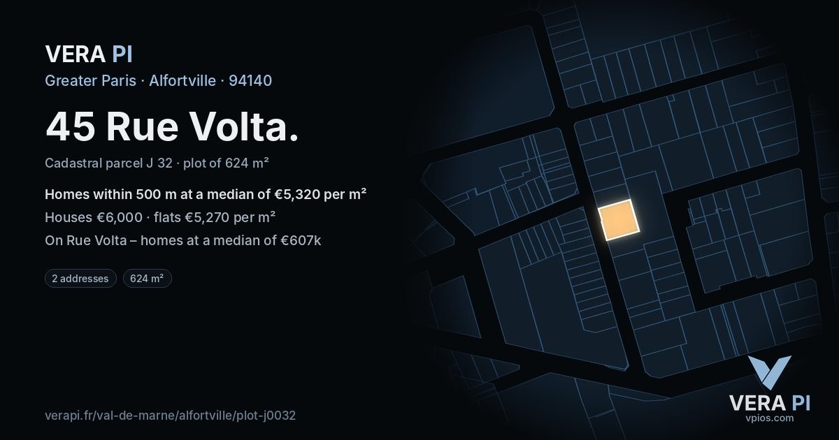 45 Rue Volta, Alfortville at night – the plot lit, the parcels around coloured by the prices near them