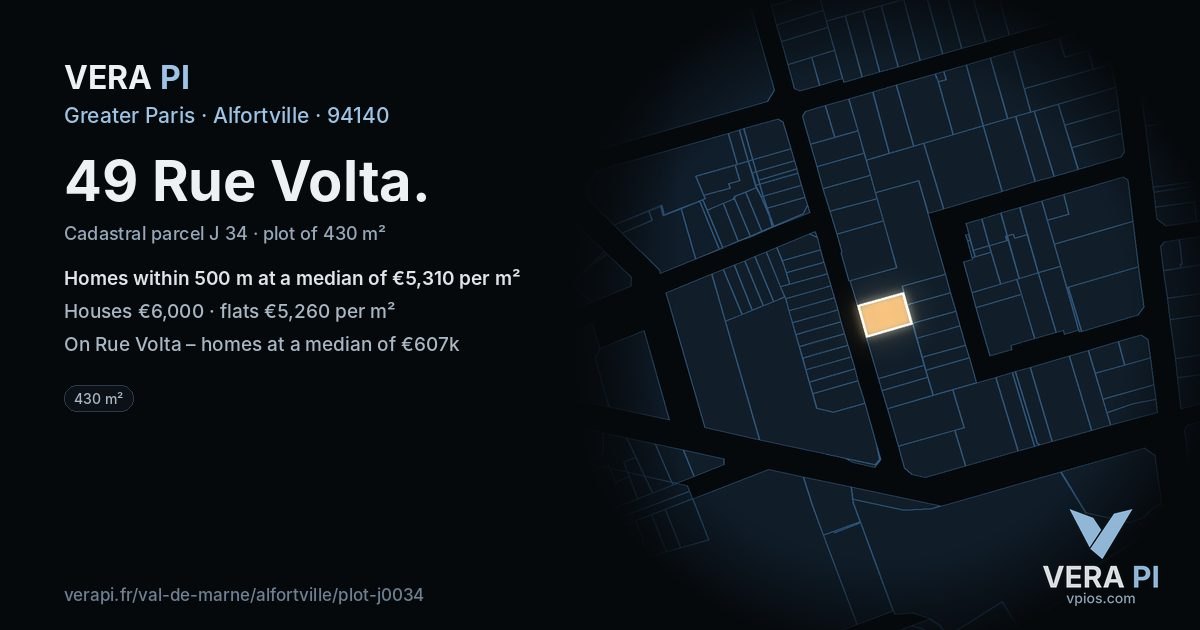 49 Rue Volta, Alfortville at night – the plot lit, the parcels around coloured by the prices near them