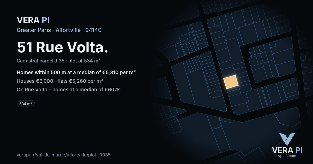 51 Rue Volta, Alfortville at night – the plot lit, the parcels around coloured by the prices near them
