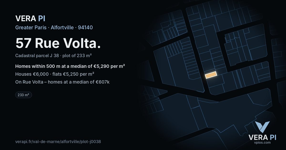 57 Rue Volta, Alfortville at night – the plot lit, the parcels around coloured by the prices near them
