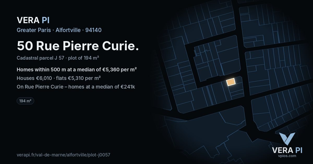 50 Rue Pierre Curie, Alfortville at night – the plot lit, the parcels around coloured by the prices near them