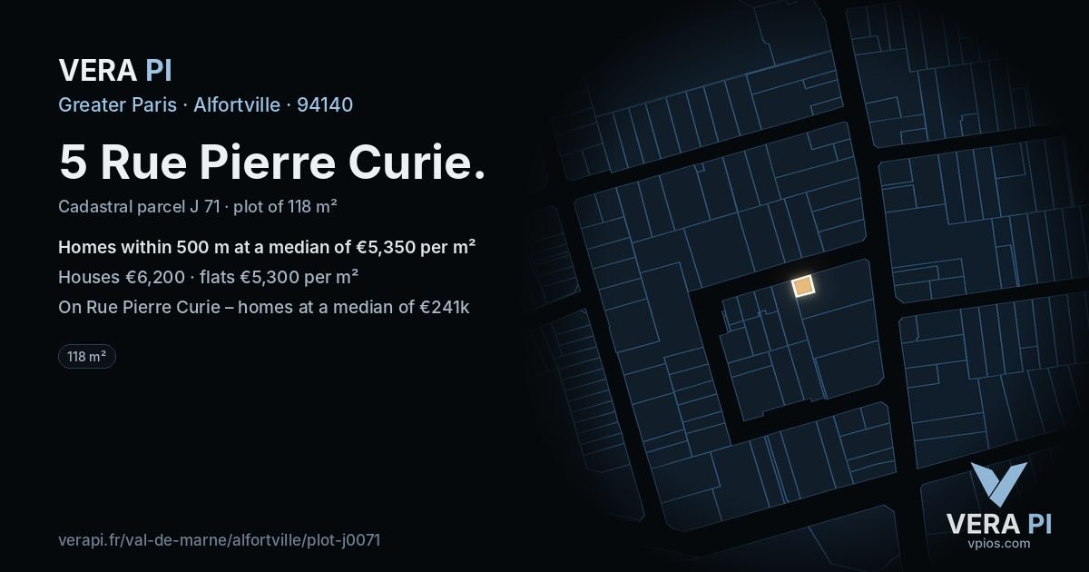 5 Rue Pierre Curie, Alfortville at night – the plot lit, the parcels around coloured by the prices near them