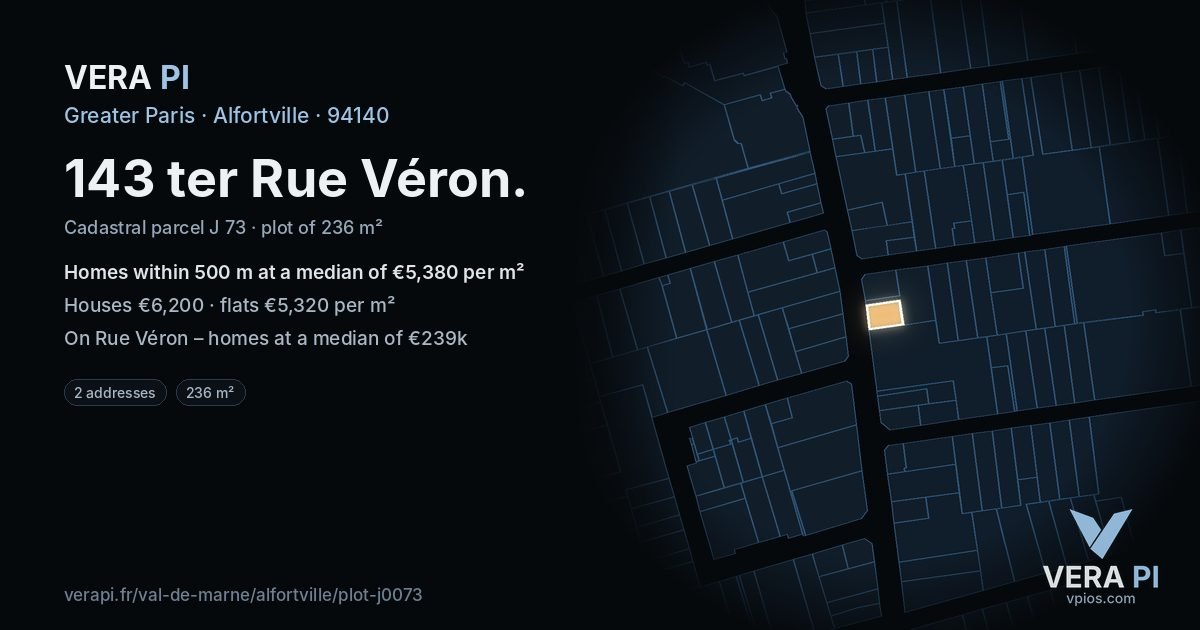 143 ter Rue Véron, Alfortville at night – the plot lit, the parcels around coloured by the prices near them