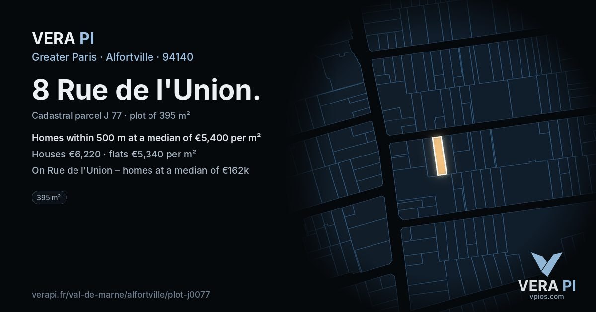 8 Rue de l'Union, Alfortville at night – the plot lit, the parcels around coloured by the prices near them