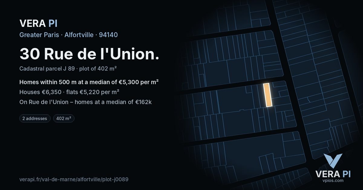 30 Rue de l'Union, Alfortville at night – the plot lit, the parcels around coloured by the prices near them