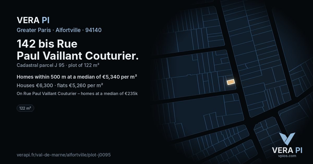 142 bis Rue Paul Vaillant Couturier, Alfortville at night – the plot lit, the parcels around coloured by the prices near them