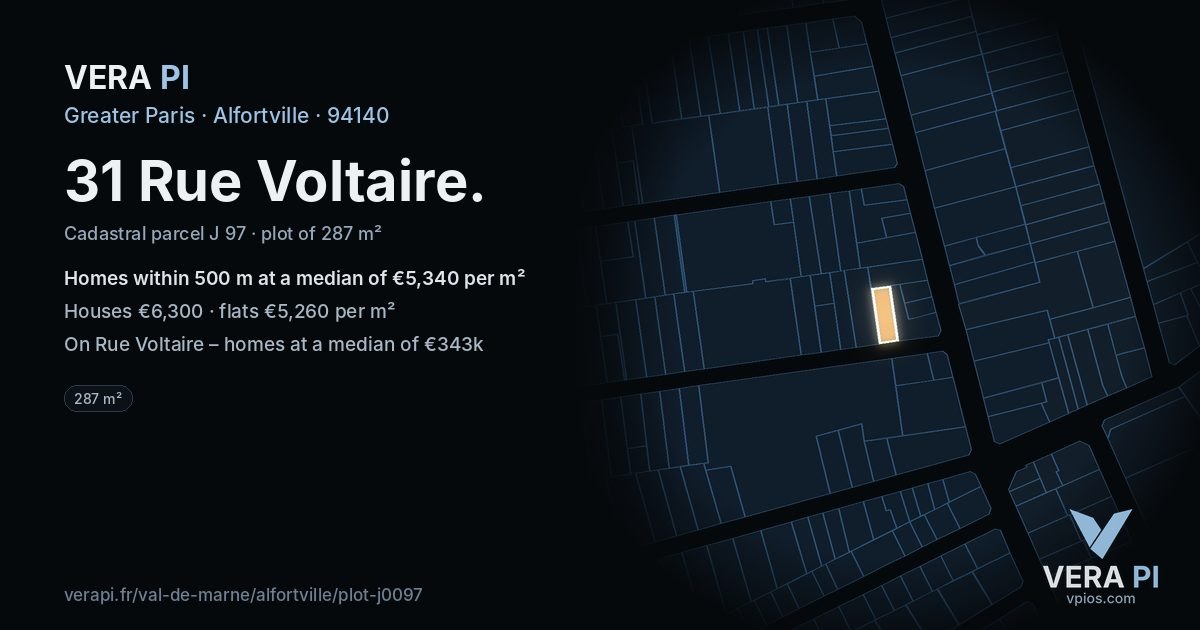 31 Rue Voltaire, Alfortville at night – the plot lit, the parcels around coloured by the prices near them